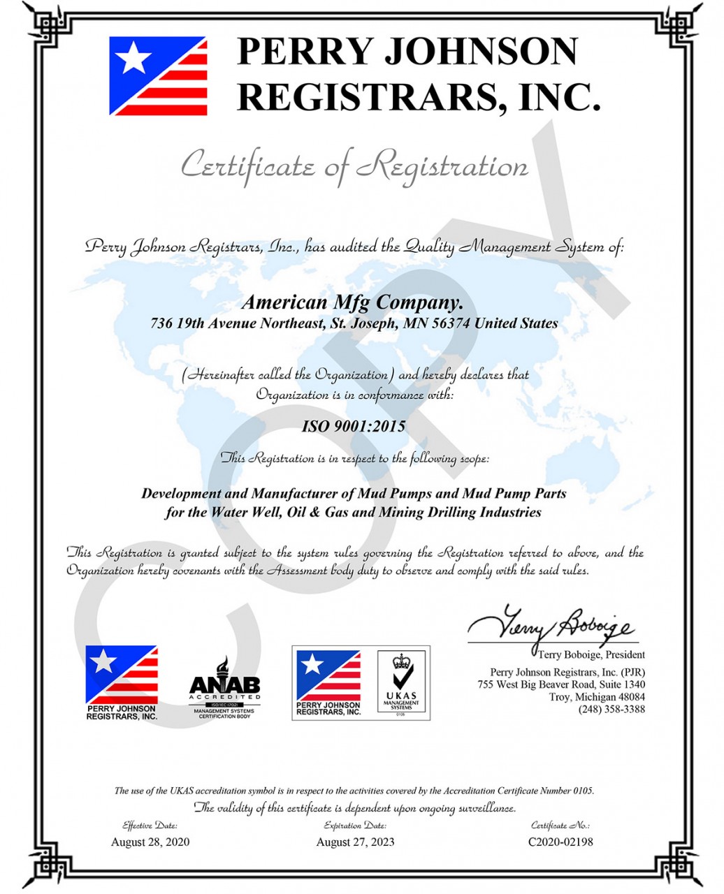 American Mfg Company has been awarded ISO 9001:2015 Certification