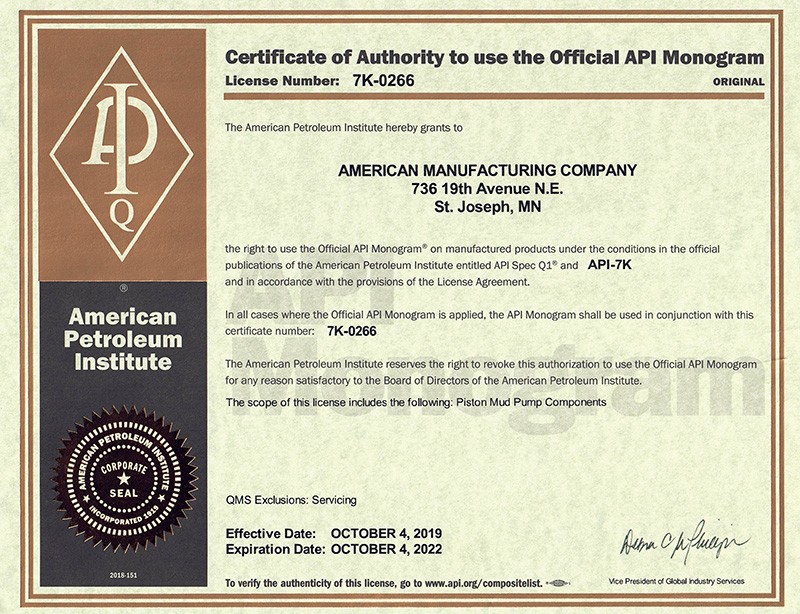 American Mfg Company is proud to announce that on October 4, 2019 we were re-certified with API-7K certification.